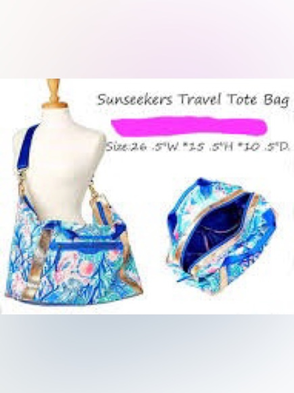 Lilly Pulitzer Sunseekers Blue Pink Tropical-Print Duffle Bag with crossbody